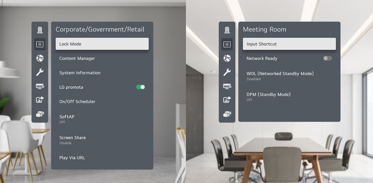 most_frequently_used_menus_are_categorized_per_industry_on_the_left_as_“corporate_/_government_/ Retail” and on the right as the “Meeting Room”.