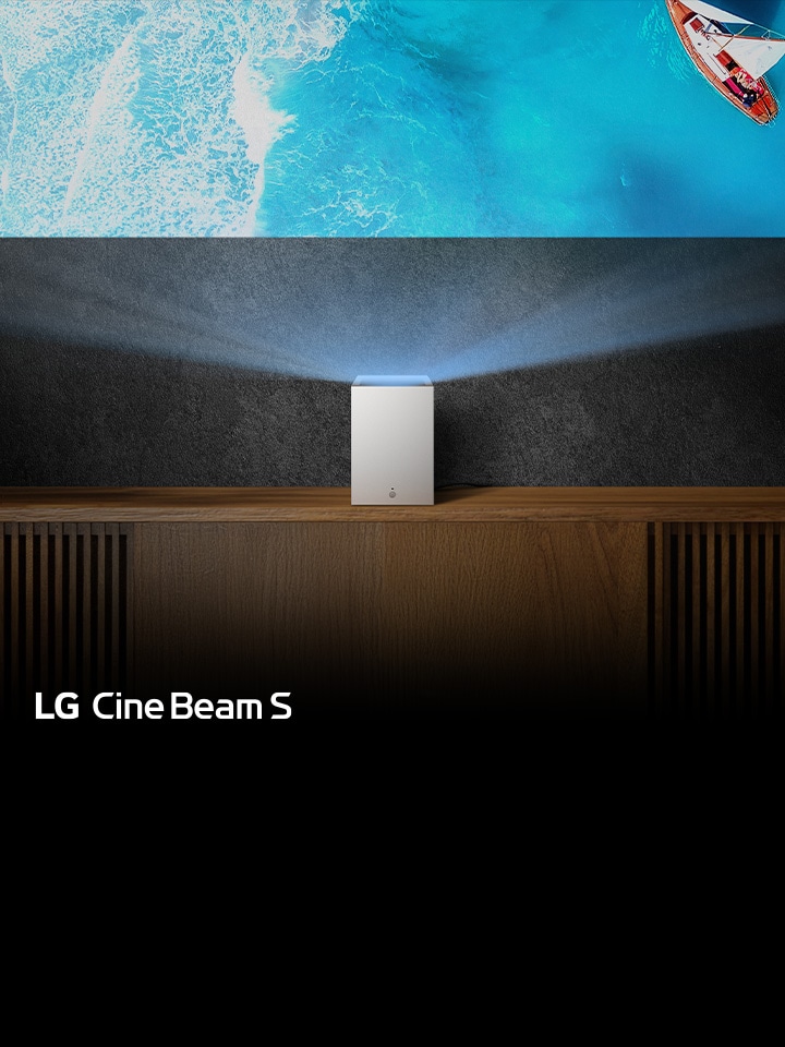 LG CineBeam S projector displaying vivid visuals of a boat on blue water, blending compact elegance with short-throw capabilities, perfect for transforming small spaces into cinematic experiences.