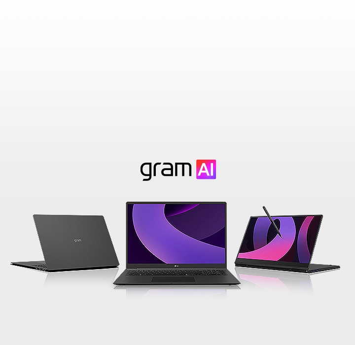 LG gram AI laptops showcasing sleek designs, vibrant displays, and 2-in-1 versatility with stylus support, perfect for productivity and creativity in any environment.