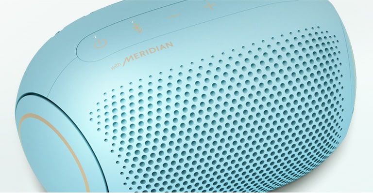 A close-up view of the Meridian logo on an LG XBOOM Go PL2B