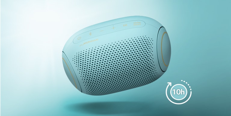 A front view of an LG XBOOM Go PL2B tilting down to its left and floating in the air