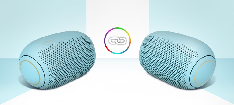 A front view of an LG XBOOM Go PL2B tilting down to its left and floating in the air