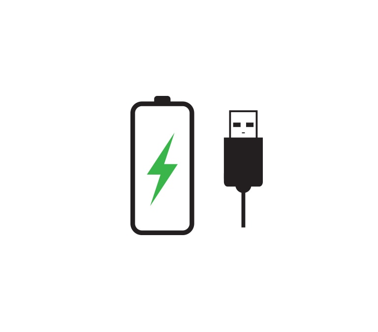 A green battery and a USB cable icon are in the center of a white background.