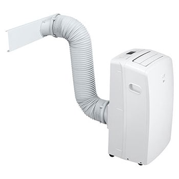 Left side view of the LG Portable Air Conditioner with accessories installed