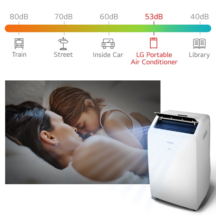 LG portable air conditioner operating at 53dB, quieter than a car, shown next to a mother and child sleeping peacefully.