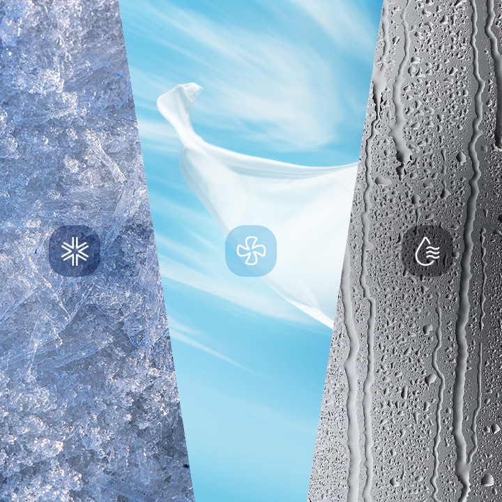 Illustration of 3-in-1 cool, fan, and dry modes on an LG portable air conditioner with ice, wind, and water visuals.