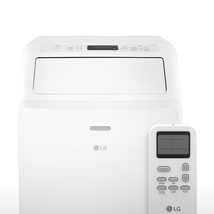 Close-up of an LG portable air conditioner control panel with an LED display and remote control for convenient operation.