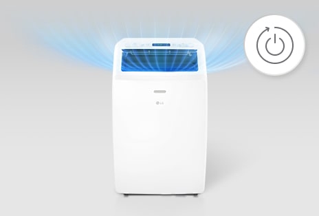 LG portable air conditioner demonstrating Auto restart feature with power icon.