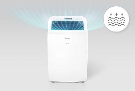 Climatiseur portatif de LG avec système d’évaporation automatique et illustration de la circulation d’air.