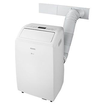 Right side view of the LG Portable Air Conditioner with accessories installed