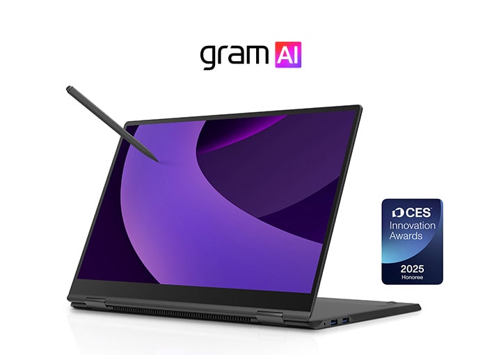 This image showcases a convertible laptop with a 360-degree rotating display, positioned in stand mode. The screen features a smooth gradient display, and a digital stylus pen is hovering above it, indicating pen input support on the touchscreen. The laptop displays the 'gram AI' logo on the device, and the CES Innovation Awards 2025 Honoree logo is visible on the bottom right corner.