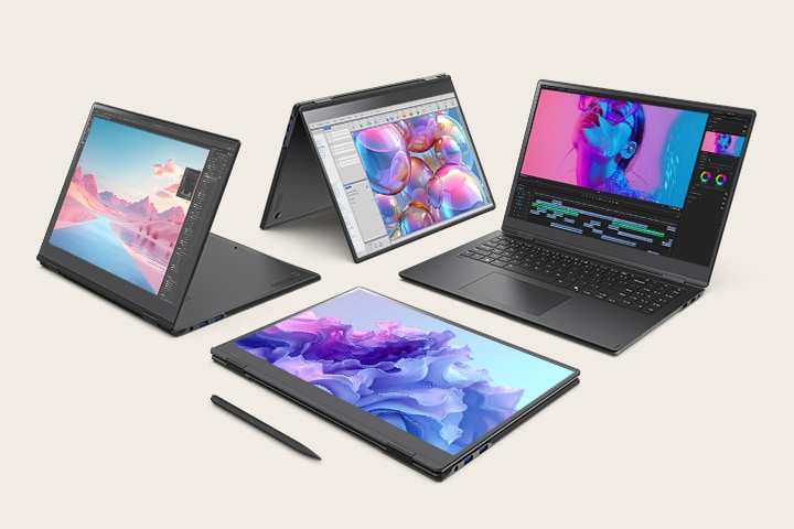 This image showcases four convertible laptops in various modes: stand mode, laptop mode, tablet mode, and tent mode. It highlights the laptop's versatility across different configurations, with each screen displaying an image in purple and pink tones. In front of the laptop set in tablet mode, there is a stylus pen.