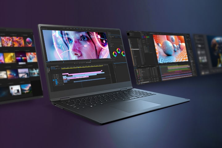 A sleek laptop is showcased with a vibrant video editing interface on its screen, surrounded by additional screens displaying various creative workflows.