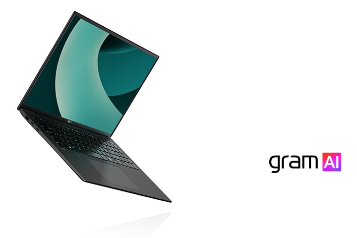 The image shows an LG Gram laptop, highlighted for its ultra-light design. On the right, the text reads: "Delightfully light" with the "gram AI" logo below it.