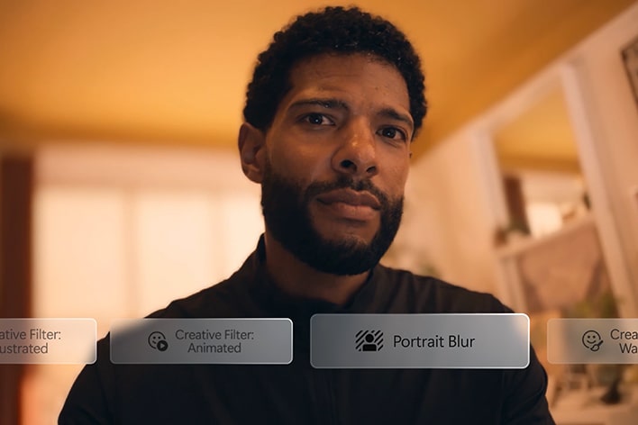 A man is looking at the screen, applying and switching between filters labeled "Creative Filter: Illustrated," "Creative Filter: Animated," and "Portrait Blur.