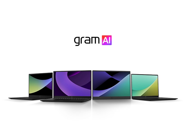 The image shows an LG Gram laptop, highlighted for its ultra-light design. On the right, the text reads: "Delightfully light" with the "gram AI" logo below it.