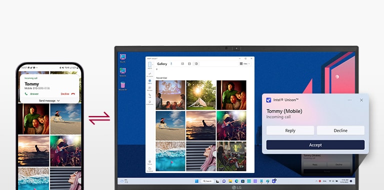It shows that the mobile device and gram are connected to transfer files easily, send test messages, and make a phone call with gram.