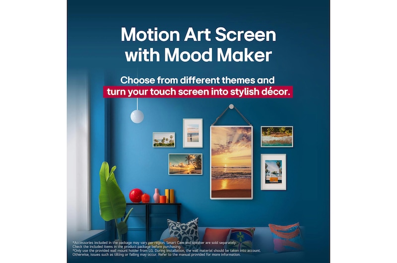 LG StanbyME 2 is hung on the wall to showcase its Motion Art Screen. Mood Maker is in use. An artwork is on display showing how it can be used as a stylish addition to any space.