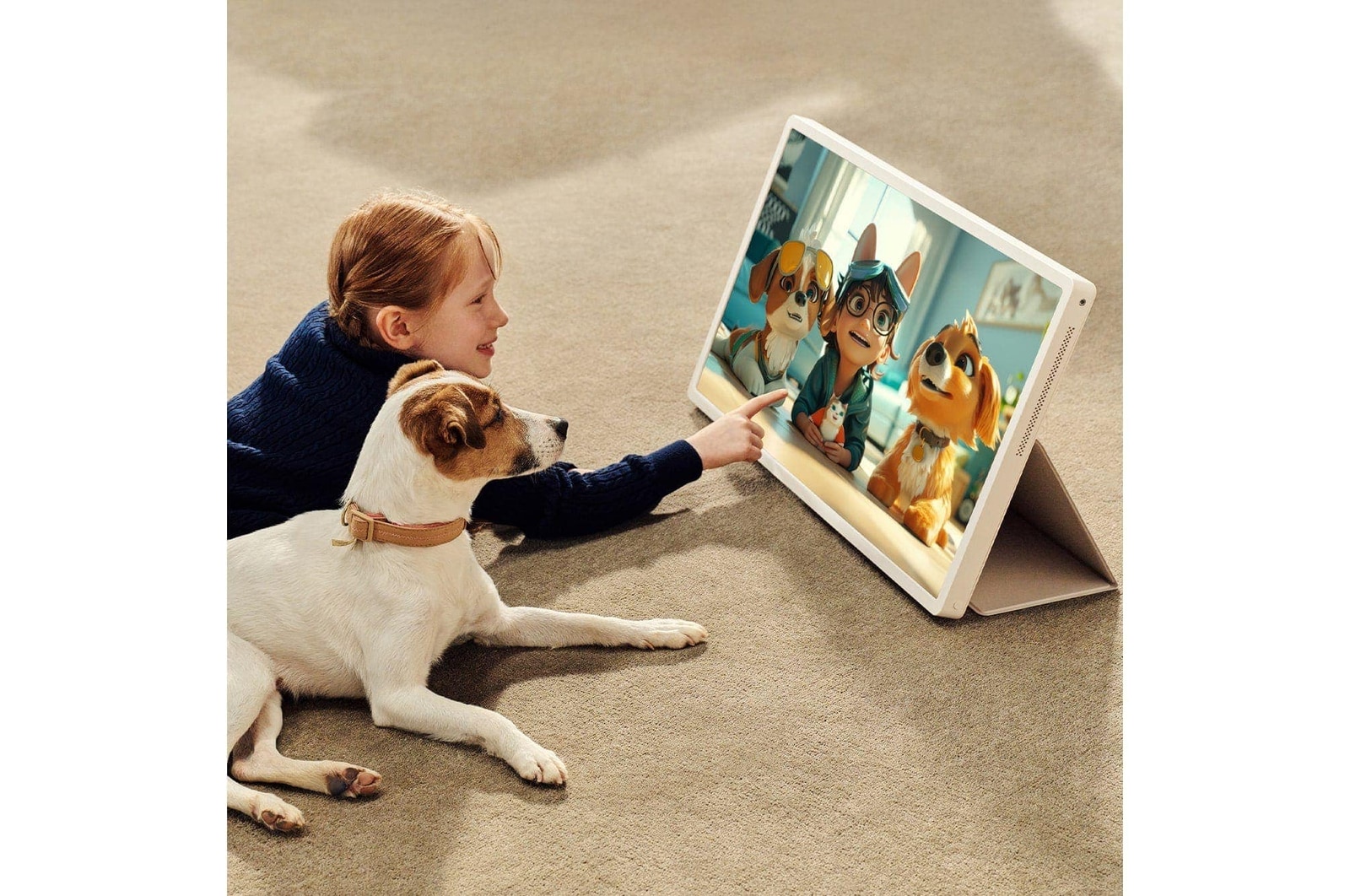 A girl with her puppy is watching a show on the LG StanbyME 2. The folio cover is used and the screen is propped up like a tablet.