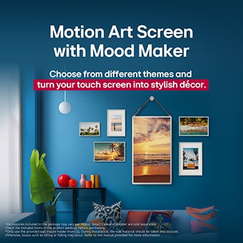 LG StanbyME 2 is hung on the wall to showcase its Motion Art Screen. Mood Maker is in use. An artwork is on display showing how it can be used as a stylish addition to any space.