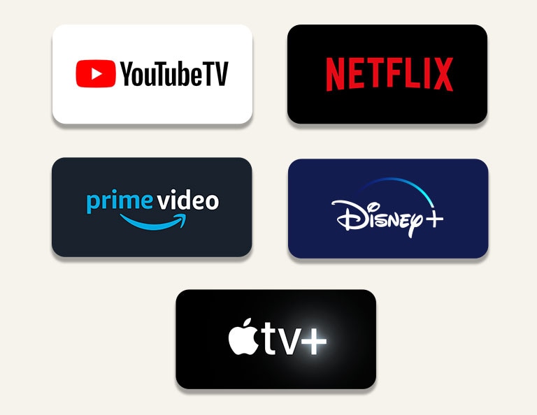 OTT streaming services icon are placed in a row. From left-top; Netflix, Amazon Prime Video, HBO NOW,YouTubeTV, Disney+. And Apple TV+.