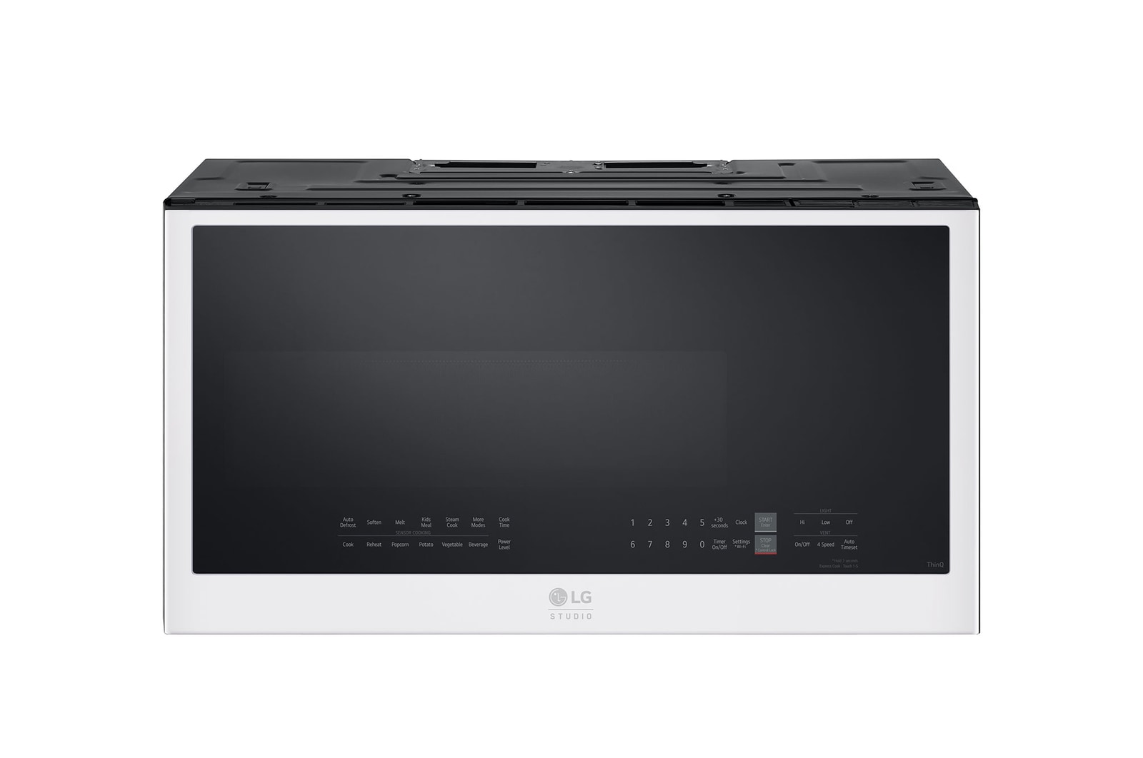 Front view of LG STUDIO 2.0 cu.ft. Over the Range Microwave Oven | Sensor Cook, Auto Cook, Power Ventilation (MVES2033N)