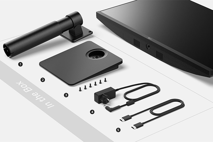 Stand body, Stand base, Screws, Adapter+Power code and HDMI cable in the box.