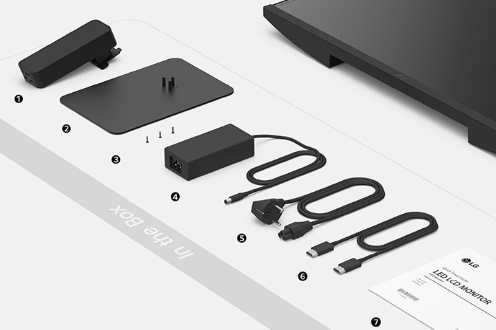 Stand base, Screws, Power adapter, Power code, HDMI cable and Setup guide in the box.