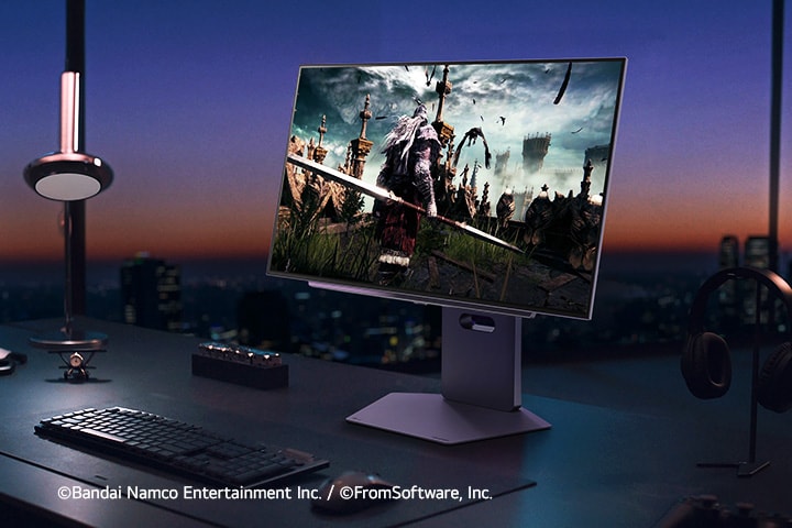 An image showcasing the gaming setup of the LG UltraGear OLED gaming monitor 27GX790A model.