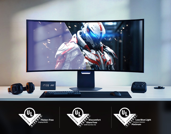 Curved gaming monitor showing a robot character in a futuristic setting, with UL certifications below.