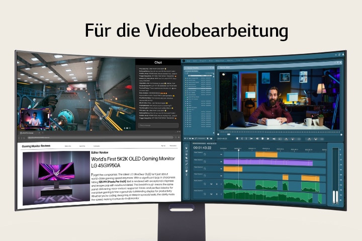 Eine Multitasking-Einrichtung, die Gaming, Videobearbeitung, Design und Videoanrufe über verschiedene Apps hinweg zeigt, die alle auf einem LG 5K2K OLED-Monitor angezeigt werden.