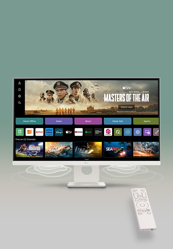 On the smart monitor screen, the webOS interface is displayed. Speaker waves emanate from the bottom corners of the monitor, and on the right side of the screen, there is a remote control.