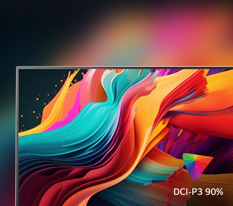 The screen contains various colors representing UHD 4K, and in the bottom right corner, there is a logo indicating DCI-P3 90%.