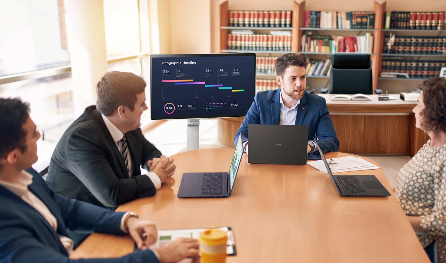 Four people are sitting around a desk, having a meeting using a LG Smart Monitor Swing. Four people are sitting around a desk, having a meeting using a LG Smart Monitor Swing.