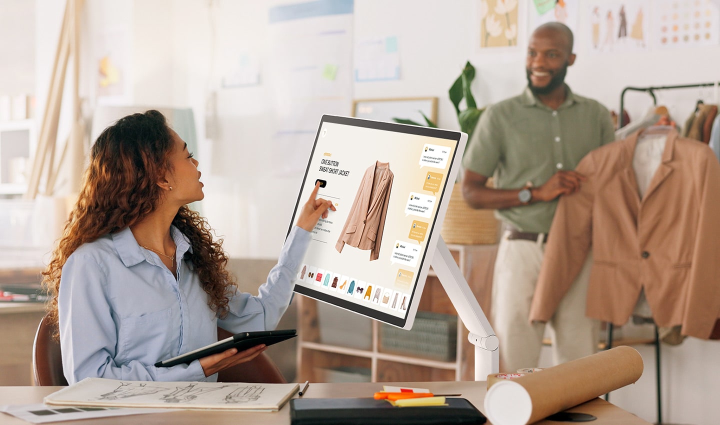 A man is holding a jacket, while a woman is touching the LG Smart Monitor Swing screen to view the jacket information. A man is holding a jacket, while a woman is touching the LG Smart Monitor Swing screen to view the jacket information.