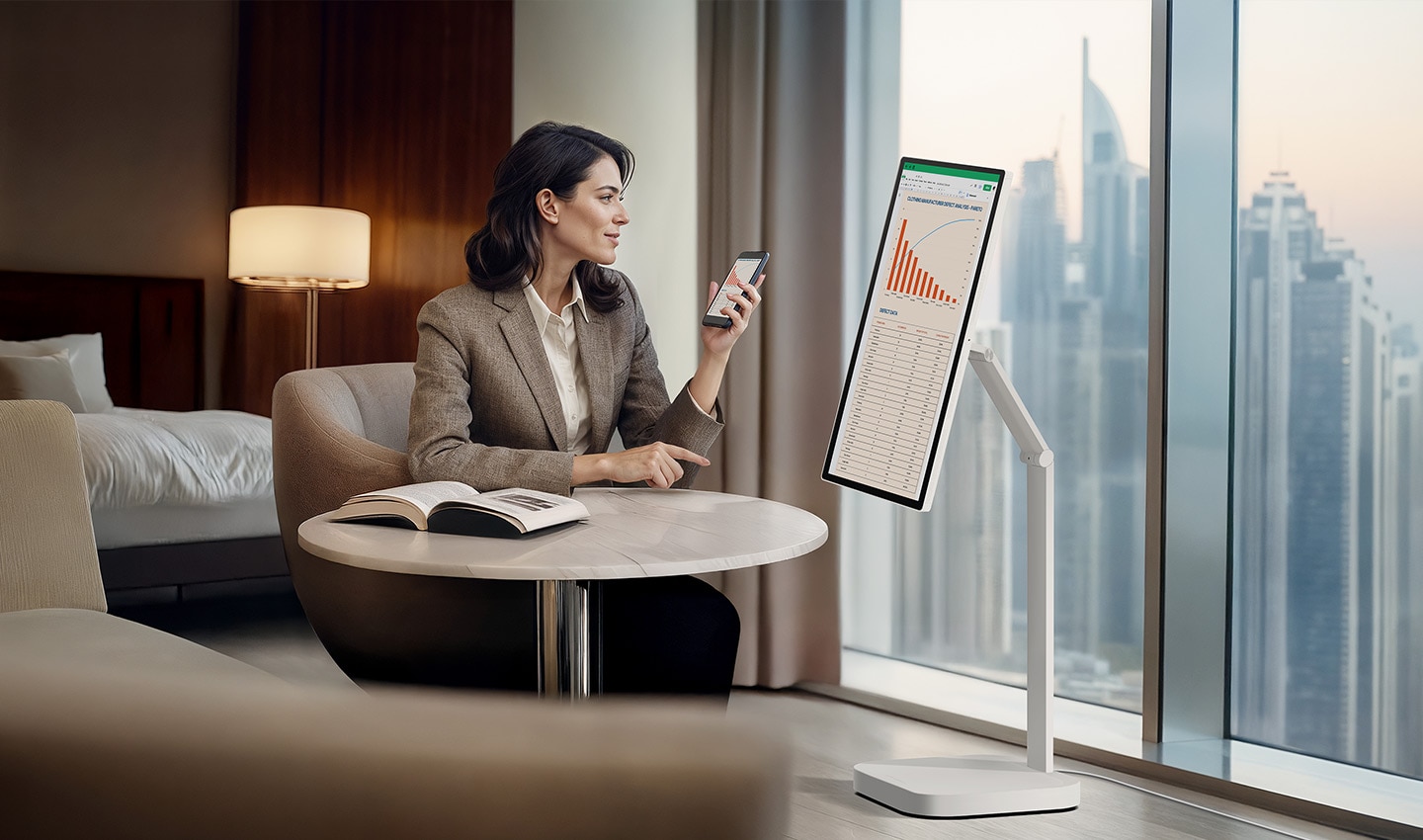 A woman is checking a chart on a LG Smart Monitor Swing in a hotel room. A woman is checking a chart on a LG Smart Monitor Swing in a hotel room.
