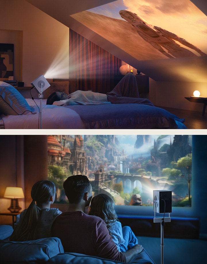 Usage images of CQS710PB, people watching videos in different place and angle with CQS710PB.