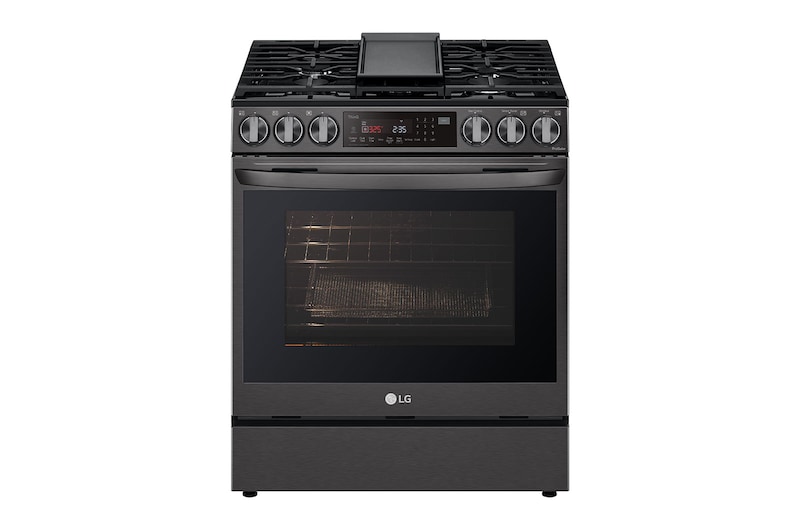 LG 30" Gas 6.3 cu ft. Range | Probake Convection, Air Fry, InstaView®, SelfClean, EasyClean®& Smart, Black Stainless, Slide-in, LSGL6335D