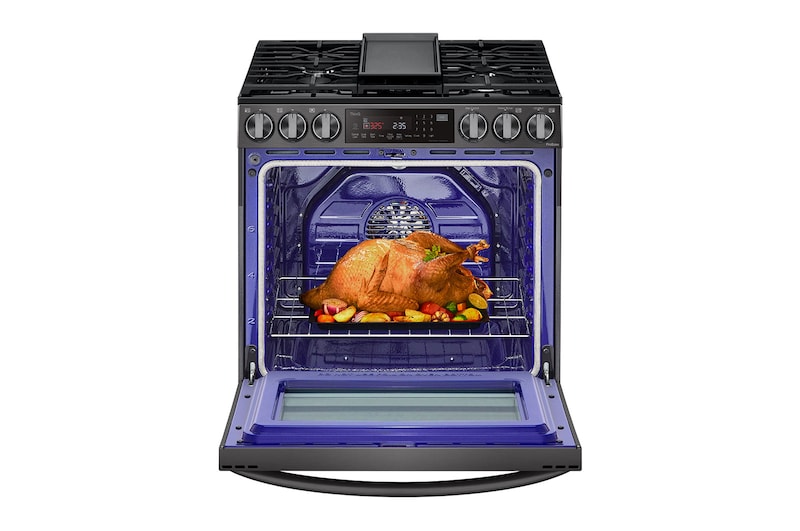 LG 30" Gas 6.3 cu ft. Range | Probake Convection, Air Fry, InstaView®, SelfClean, EasyClean®& Smart, Black Stainless, Slide-in, LSGL6335D