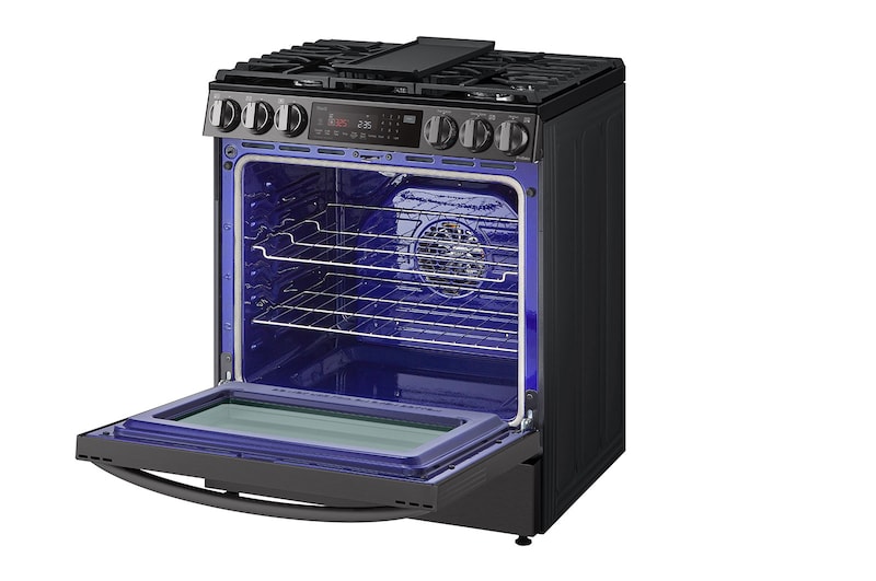 LG 30" Gas 6.3 cu ft. Range | Probake Convection, Air Fry, InstaView®, SelfClean, EasyClean®& Smart, Black Stainless, Slide-in, LSGL6335D
