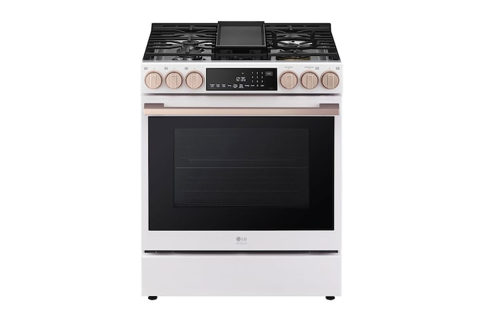 Front view of LG STUDIO 30" Gas 6.3 cu ft. Range | Probake Convection, Air Sous-Vide, Air Fry, SelfClean (LSGS6338N)
