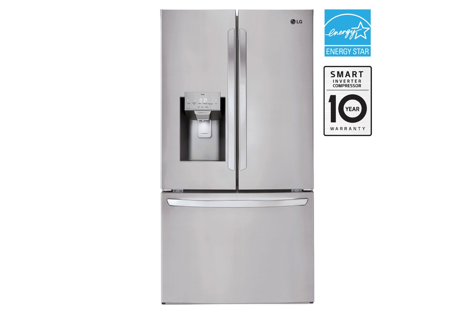 Front view of 36" 28 cu. ft. Standard-Depth French 3-Door Refrigerator | Ice & Water Dispenser LRFS28XBS