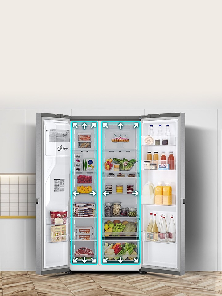 The front view of the refrigerator is shown in a kitchen with the door open. A blue square line highlights the interior spaces and arrows indicate that there is now more space inside.