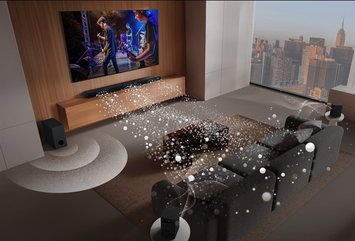 LG Soundbar,  LG TV and subwoofer are in a living room displaying screen image with playing a musical performance. Three branch of white soundwaves made up of droplets project from the soundbar and a subwoofer is creating a sound effect from the bottom.