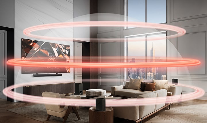 LG Soundbar and LG TV are in a grand city apartment. Three red bands depicting virtual layers with a bold middle layer create a sound dome that envelops the sofas.