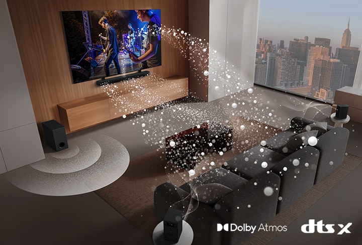 LG Soundbar, LG TV, rear speakers and a subwoofer are in a living room of a skyscraper, playing a musical performance. White soundwaves made up of droplets project from the soundbar, looping around the sofa. A subwoofer is creating a sound effect from the bottom. Dolby Atmos logo DTS X logo