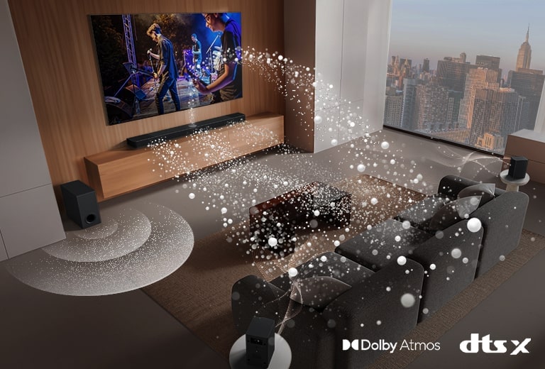 LG Soundbar, LG TV, rear speakers and a subwoofer are in a living room of a skyscraper, playing a musical performance. White soundwaves made up of droplets project from the soundbar, looping around the sofa. A subwoofer is creating a sound effect from the bottom. Dolby Atmos logo DTS X logo