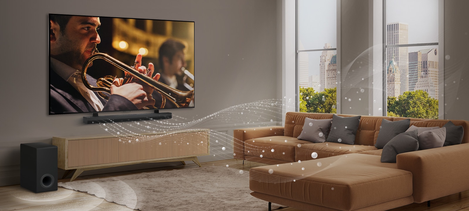 An LG Soundbar, LG TV, and subwoofer are in a modern city apartment. The LG Soundbar emits three branches of soundwaves, made of white droplets that float along the bottom of the floor. Next to the Soundbar is a subwoofer, creating a sound effect from the bottom. 	