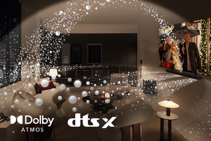 A movie plays on an LG OLED TV and LG Soundbar in a modern city apartment in a side angle view. White beads depicting sound waves project upwards and downwards from the Soundbar and TV, creating a dome of sound in the space.  Dolby Atmos logo DTS X logo