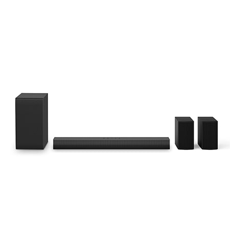 Front view of LG Soundbar S45TR, subwoofer, and Rear Speakers